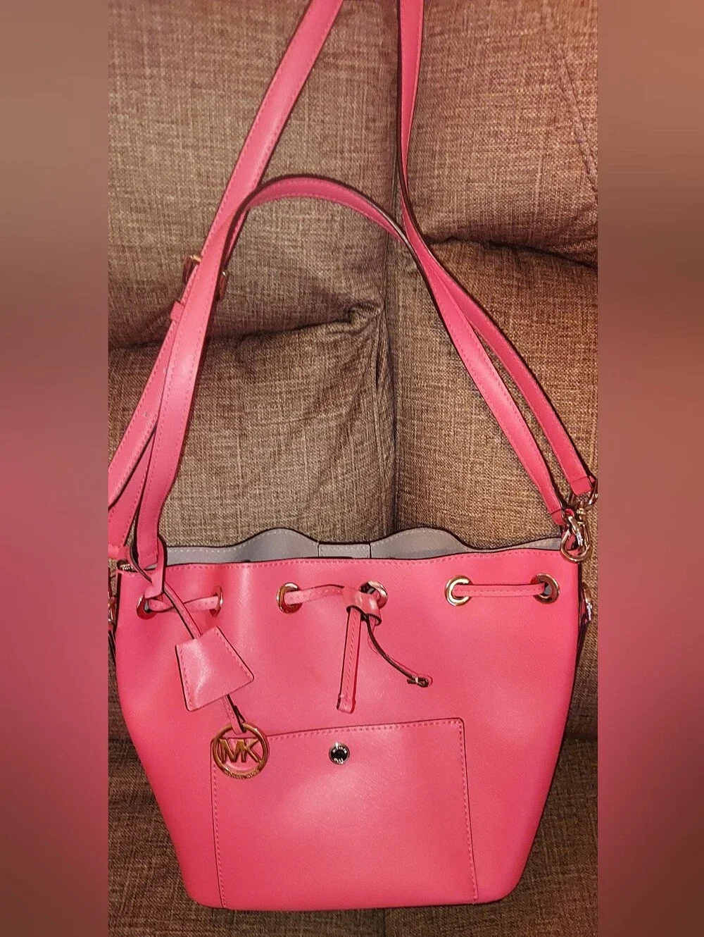 Michael Kors Coral Saffiano Drawstring Shoulder Bag with Gold Hardware